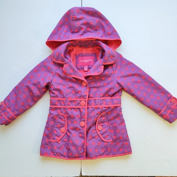 Girls 4T London Fog Hooded Jacket Coat Fleece Lined Pockets Purple & Pink Hearts - Picture 1 of 10